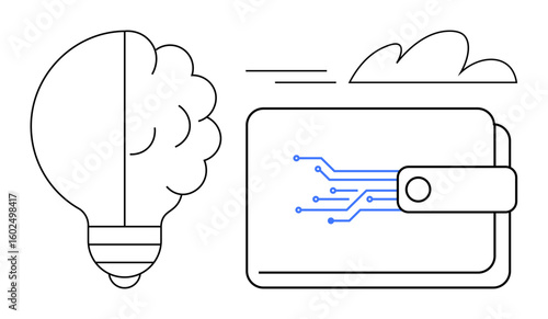 Light bulb representing innovation and creativity, digital wallet with circuit lines for digital transactions and technology. Ideal for fintech, blockchain, entrepreneurship, inspiration, mobile