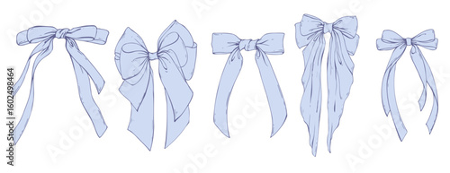 Set of large blue coquette bows with long tails made of textile satin and silk ribbons. Hand-drawn illustration line art graphic. For women, men, boys, girls, holidays, decoration, accessories, gifts.