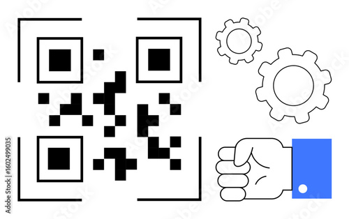 QR code with bold squares, a clenched hand with a sleeve, and two gear wheels. Ideal for technology, automation, innovation, system management, efficiency, digital tools and a simple landing page