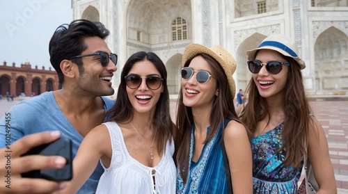 Group of friends taking selfies in front of historic monument in joyful tourist encounter