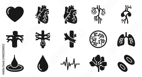 A collection of black and white vector icons representing various aspects of the human circulatory system and related elements.