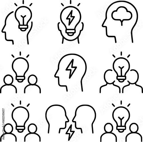 Brainstorming Icon Set Black Line Art on White Background