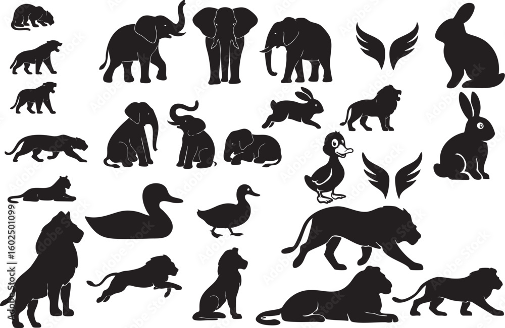 Naklejka premium A striking collection of black animal silhouettes showcasing elephants, rabbits, ducks, lions, and more—each creature depicted in distinctive poses like sitting, walking, and standing with bold outlin