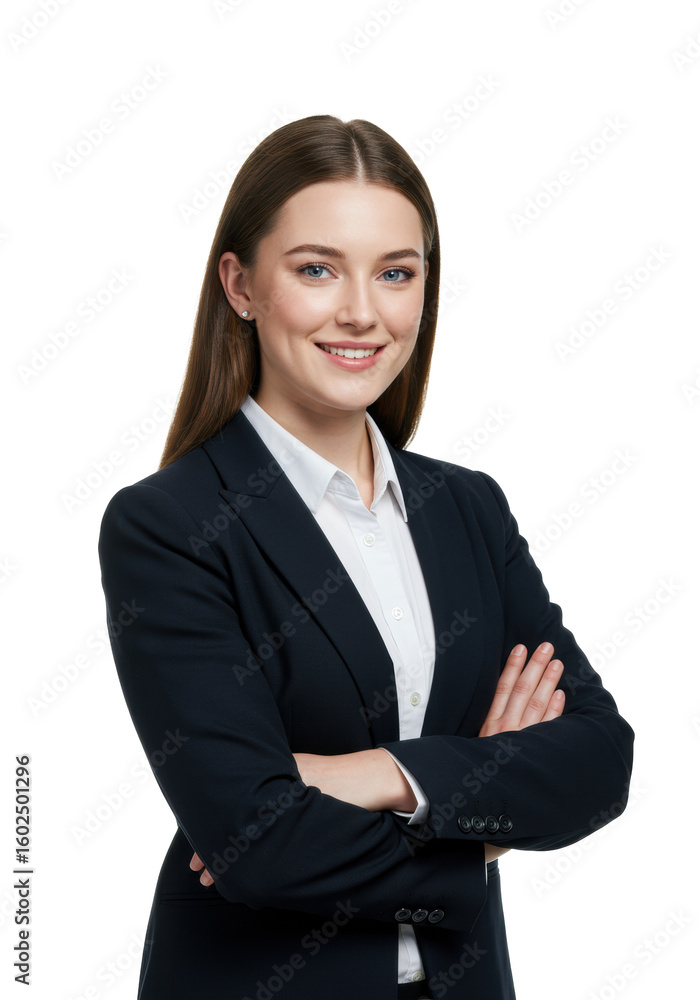 Young caucasian woman in crisp dark navy blazer, white shirt, long dark brown hair, blue eyes, arms crossed, confident smile, making eye contact on transparent studio background with copy space, Young caucasian woman in crisp dark navy blazer, white shirt, long dark brown hair, blue eyes, arms crossed, confident smile, making eye contact on transparent studio background with copy space,
