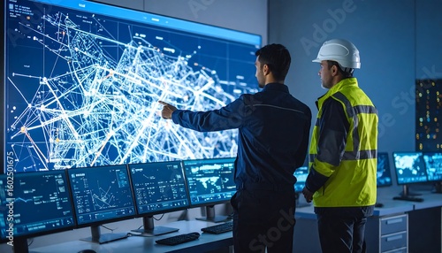 Engineers reviewing network data on large screens