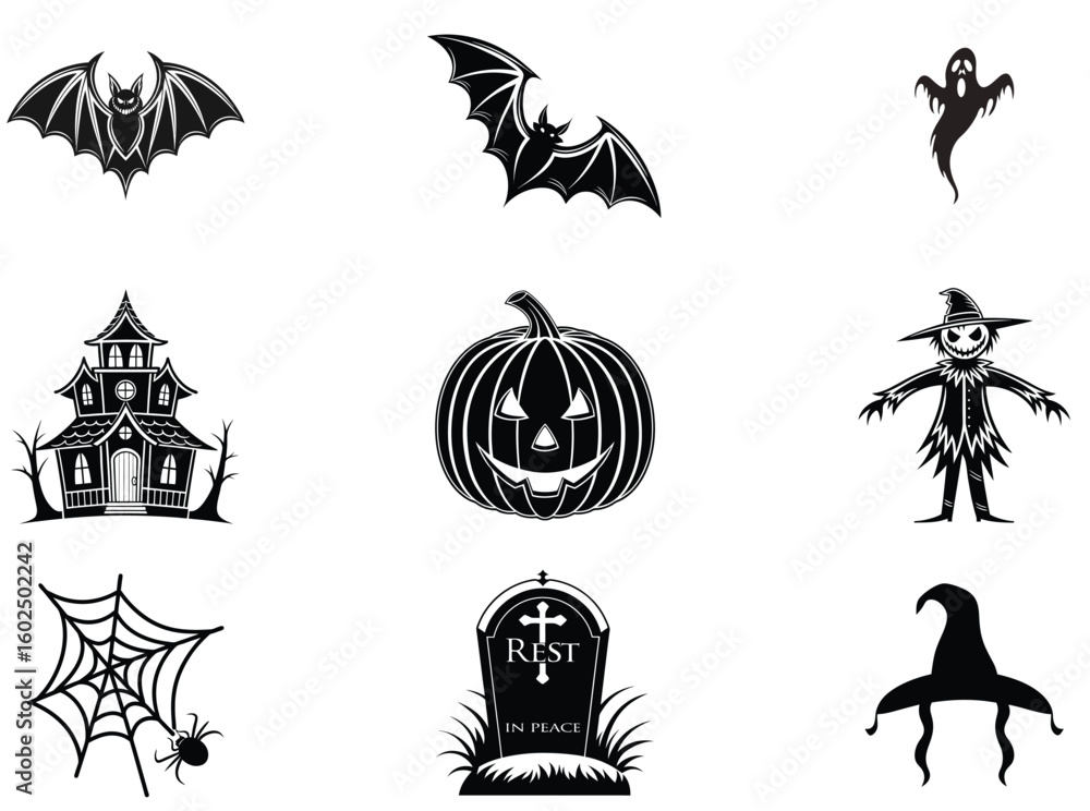 Obraz premium Black Silhouette Set of Classic Halloween Graphics
