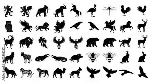 vector silhouettes of animals, collection of various animal silhouettes including mammals birds and insects