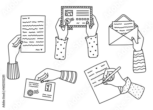 Lovely sketch set with woman arm writing a letter, holding airmail envelope with both hands, receiving paper sheet. Cute hand drawn postal, delivering mail doodle isolated on white background.