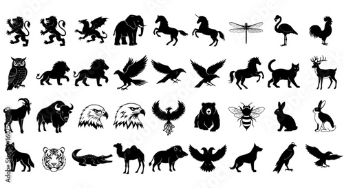 set of silhouettes of animals , Collection of various animal silhouettes in black on a white background