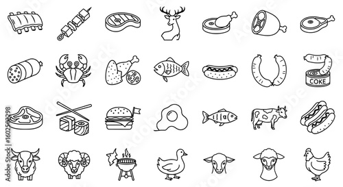 Assorted outline drawings of various food items and animal illustrations