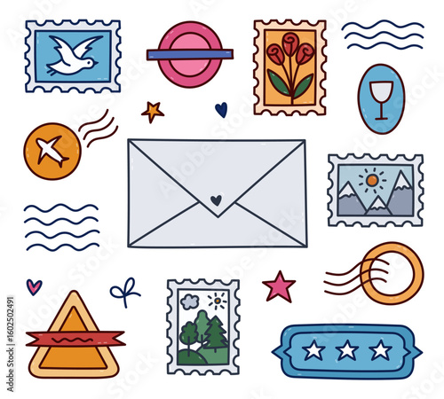 Lovely colourful doodle postage stamp and mark set for airmail envelope, post office. Hand drawn imprint of rubber stamps, waves, airplane sign, stars, postmark with nature pictures isolated on white.