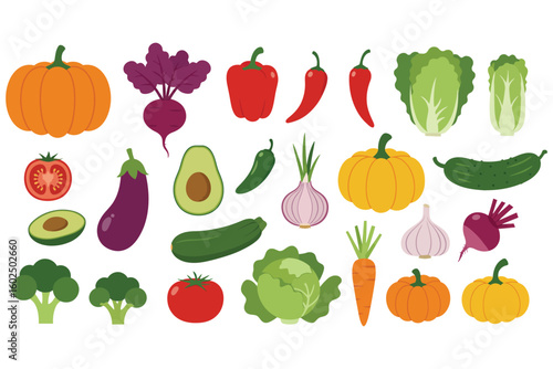 Vibrant assortment of fresh vegetables and pumpkins on a white background