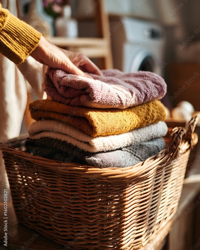 Obraz premium Laundry Day Moment. Folded Garments and Warm Light