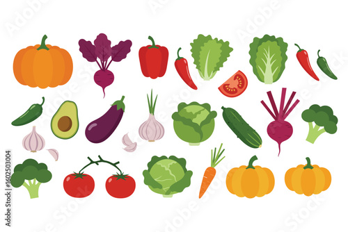 Colorful assortment of fresh vegetables and produce on a white background