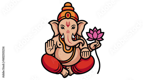 Hindu god Ganesha, deity of wisdom, prosperity, and remover of obstacles, blessing devotees with a lotus flower. Suitable for spiritual designs.