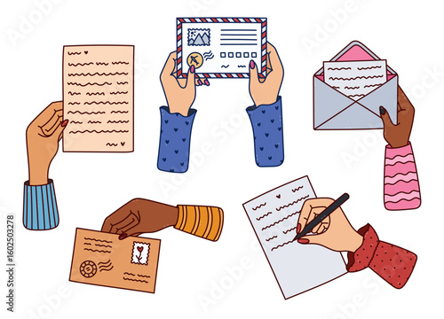 Lovely colourful doodle set with woman arm writing a letter, holding airmail envelope with both hands, receiving paper sheet. Cute hand drawn postal, delivering mail clipart isolated on background.