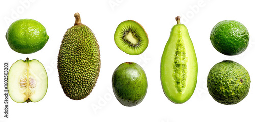Fototapeta Naklejka Na Ścianę i Meble -  Assortment of green fruits whole limes avocados durian sliced kiwi green melon and quince Transparent background transparent background