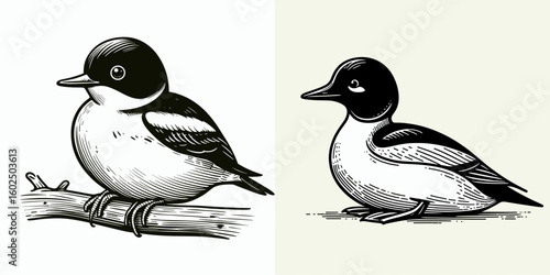 A Barrows goldeneye. Funny Happy Retro Cartoon Clipart Silhouette Line Art Vector Illustration. Bird goldeneye aquatic duck diving variety for nature admirer.