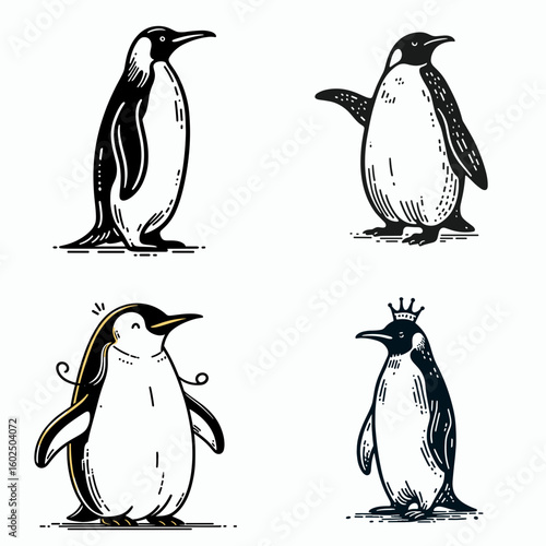 A Emperor penguin. Funny Happy Retro Cartoon Clipart Silhouette Line Art Vector Illustration. flightless polar bird sizable avian from antarctica in natural habitat.