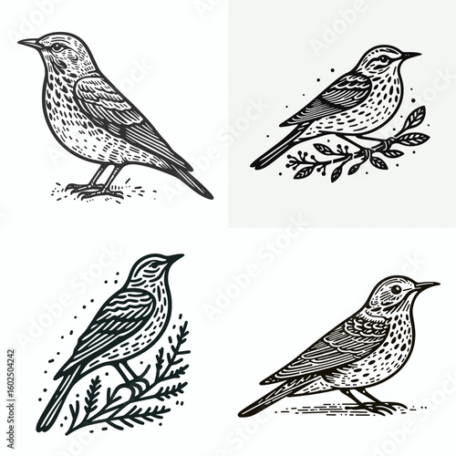 A Fieldfare. Funny Happy Retro Cartoon Clipart Silhouette Line Art Vector Illustration. One kind of thrush examine habitat behavior common garden bird type.