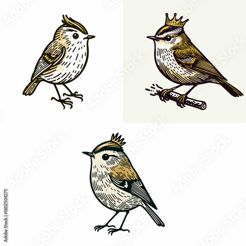 A Golden crowned kinglet. Funny Happy Retro Cartoon Clipart Silhouette Line Art Vector Illustration. Tiny bright head adornment avian small woodland bird of yellow.