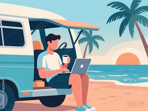 Remote Work by the Beach – Flat Modern Illustration