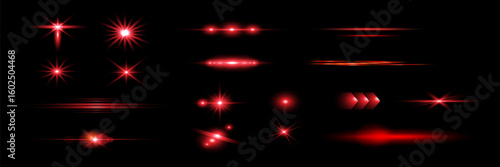 Red light effect reflections, neon illumination in red colors. Bright light lens. Police light effects, lines. Shiny stars, glowing sparks on a black background.
