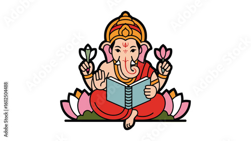 Hindu god Ganesha reading, symbolizing wisdom and knowledge. Ideal for educational, spiritual, cultural, and religious themes in media design.