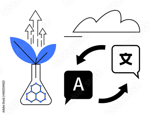 Flask with plant sprout and arrows symbolizes sustainability, growth. Speech bubbles with multilingual signs represent communication and translation. Ideal for science, growth, sustainability