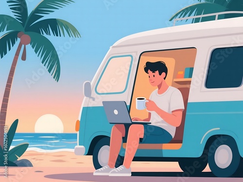 Remote Work by the Beach – Flat Modern Illustration