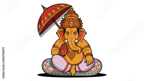 Cartoon illustration of Hindu god Ganesha with an umbrella. Suitable for cultural designs, childrens books, and educational materials.