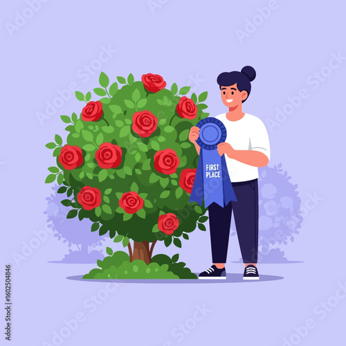Smiling Woman Holding Blue Ribbon Beside Rose Bush Winning First Place