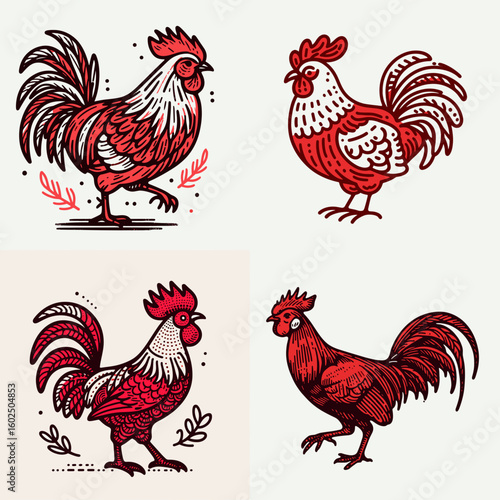 A Red junglefowl. Funny Happy Retro Cartoon Clipart Silhouette Line Art Vector Illustration. scarlet wild fowl details photo habitat behavior and breed information.