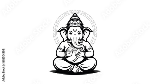 Black and white illustration of hindu god ganesha. Suitable for cultural designs, religious themes, spirituality, decor, and meditation products.
