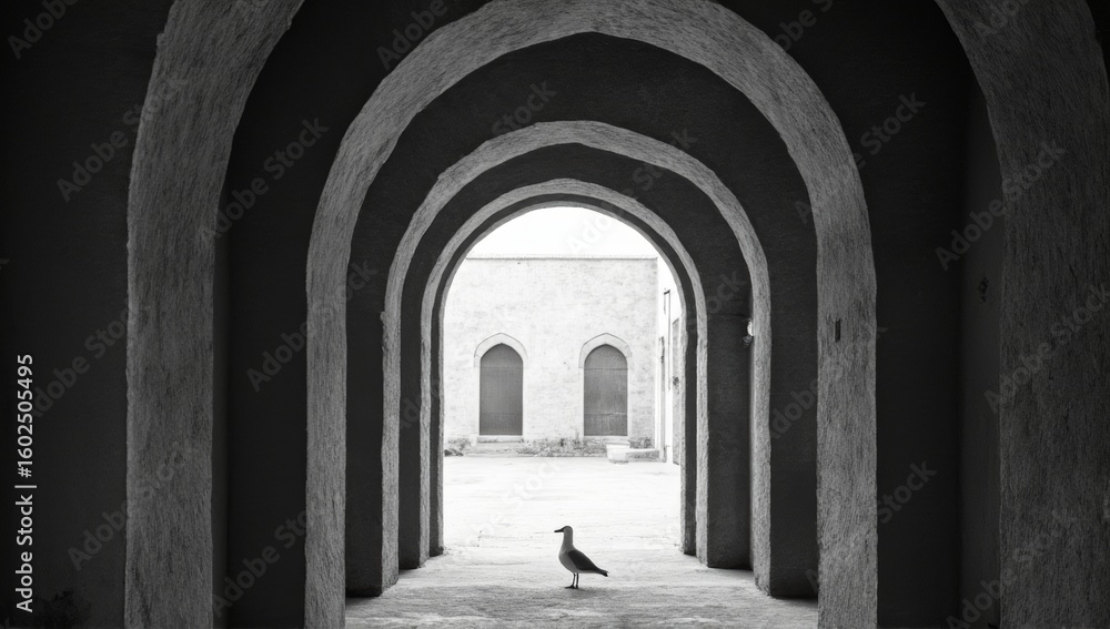 Fototapeta premium The lonely seagull under the stone arch