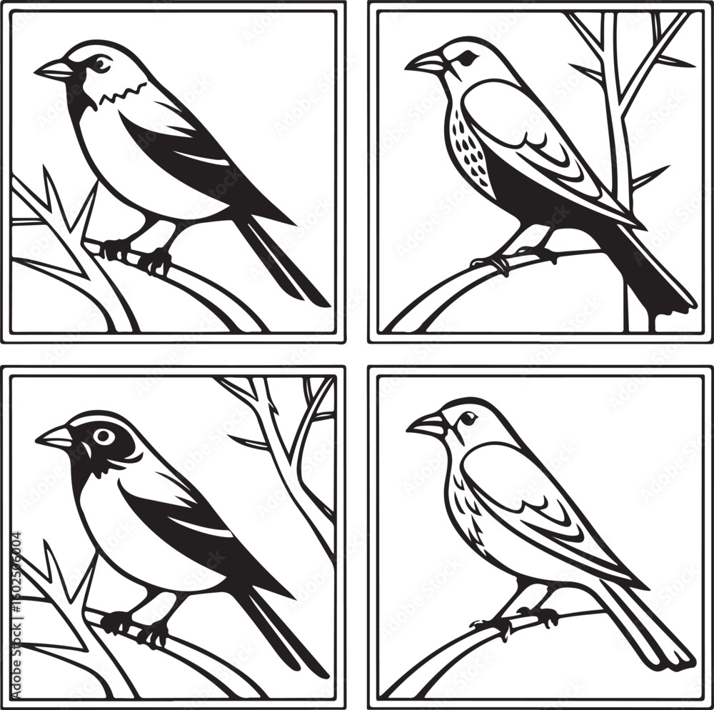 Fototapeta premium Flying Birds Silhouette Vector Set – Black and White Bird Illustration for Design and Decoration