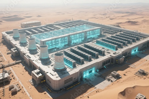A colossal AI data center in a desert, stretching to the horizon, with glowing cooling towers and thousands of servers 