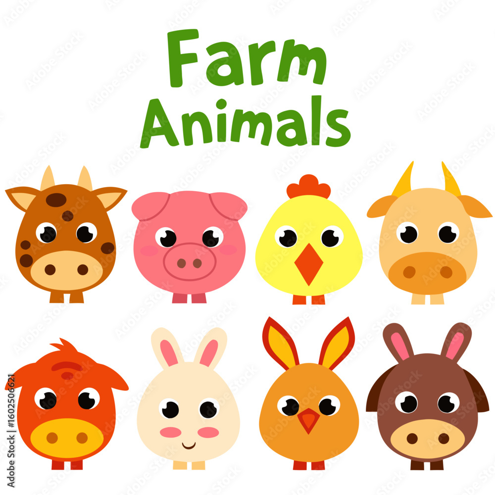 Fototapeta premium Cute cartoon farm animals including cow pig chicken bunny and horse vector