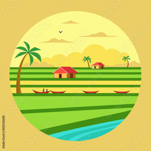 Flat illustration of a rural landscape with houses and boats on a river flat design vector