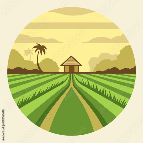 Flat illustration of a tropical landscape with rice fields and a hut palm tree nature