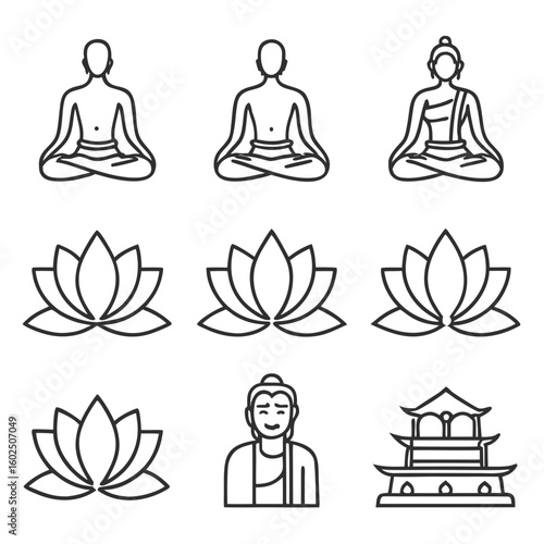 Set of nine black line art icons depicting meditation yoga lotus flowers and Buddhist temple yoga meditation icon
