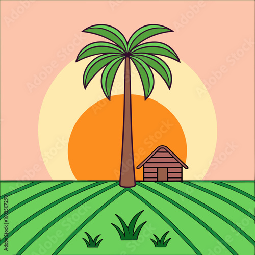 Tall palm tree and wooden hut in a vibrant sunset landscape vector