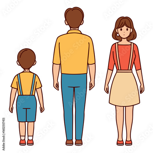 Vector illustration of a family of three with backs turned on white background three people parents