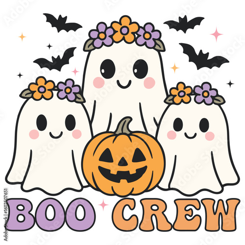 Boo Crew - Retro Spooky Halloween T-shirt Vector, Cute Ghost Halloween Illustration, Retro Kawaii Ghoul Clipart, Spooky Season Saying 