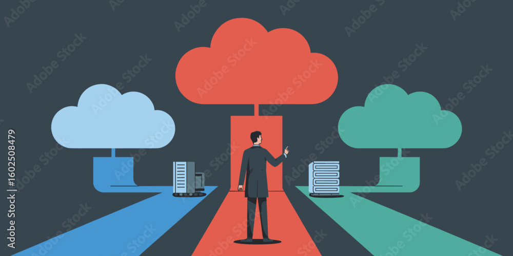 businessman choosing between different server paths vector illustration, multi-cloud, hybrid cloud strategy, and it infrastructure decision