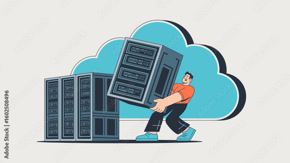 it specialist moving a server rack to a cloud vector illustration, adopting cloud computing, server migration and data center modernization