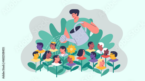 leader watering a garden of diverse people vector illustration, nurturing talent, professional mentorship and team growth