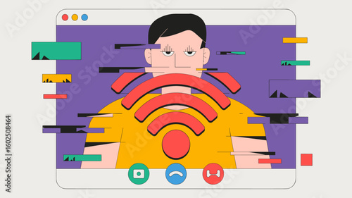 man in glitchy video call with poor wifi signal vector illustration, poor internet connection, remote work technical difficulties and online communication problems