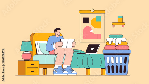student reading a book in a messy dorm room vector illustration, student housing, university daily life, and collegiate lifestyle