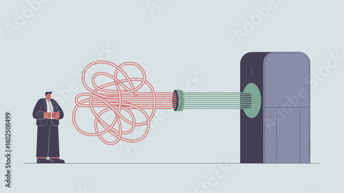 businessman watching a machine untangle a complex problem vector illustration, business process automation, simplifying complexity and process optimization